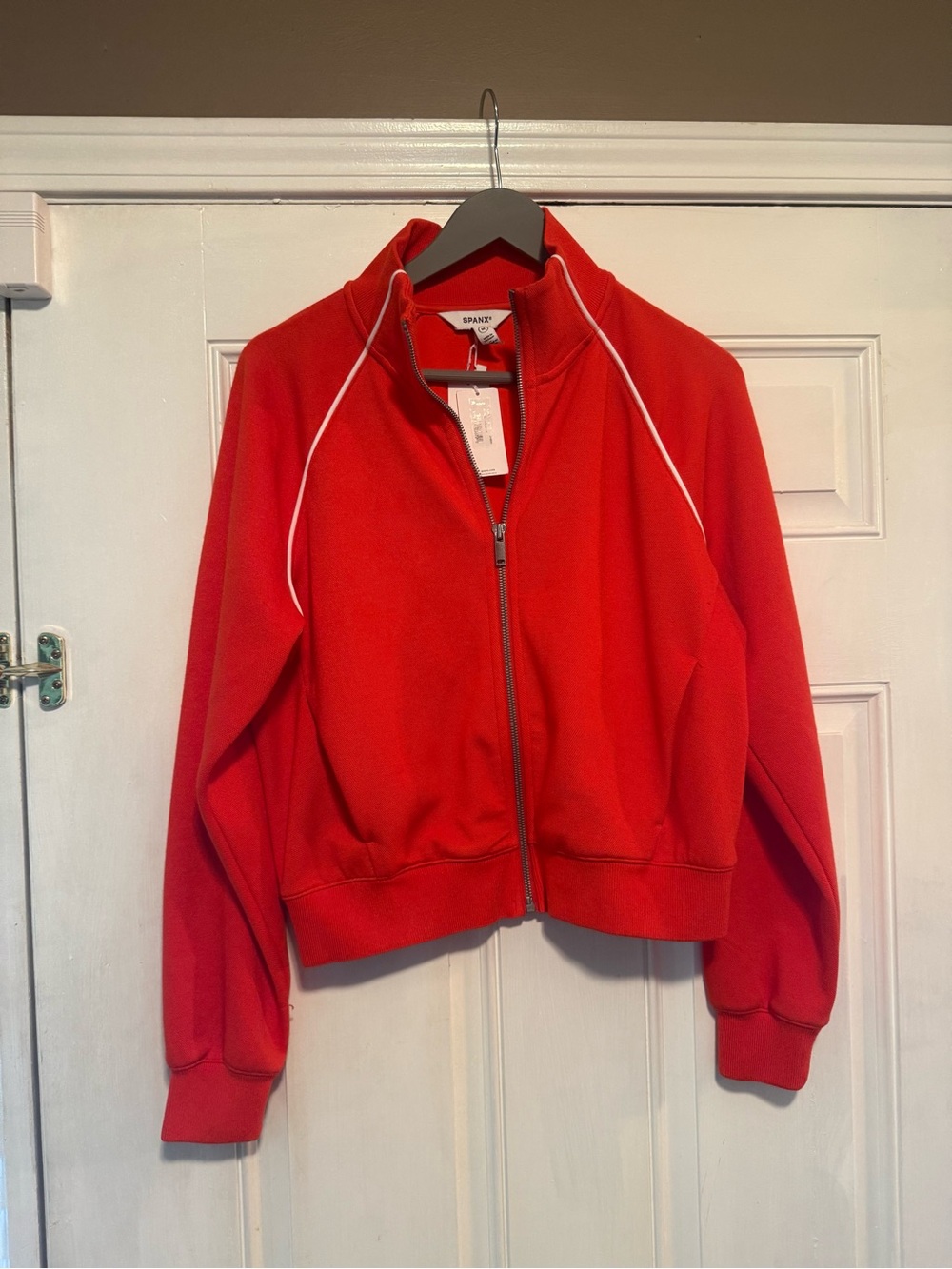 SPANX Poppy Red Zip-Up Jacket with White Piping
